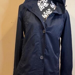 Eddie Bauer Black Hooded Trench Coat, Size Medium, Pockets & Cinch Waist.